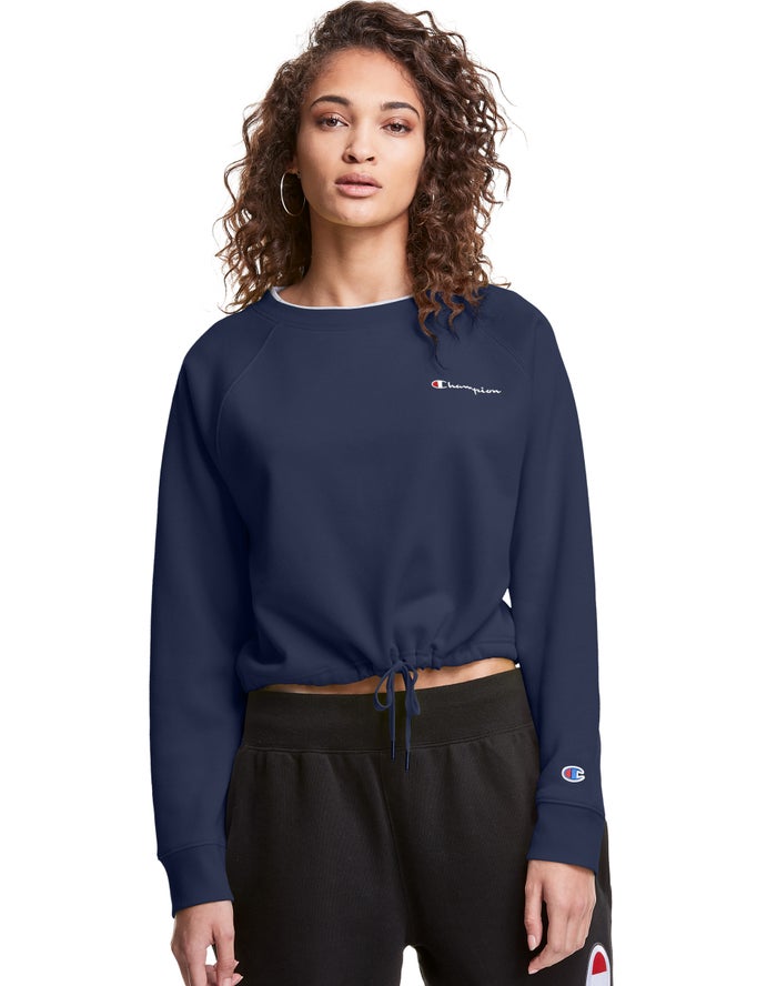 Champion Womens Sweatshirt NZ - Campus Fleece Cropped Crew Embroidered Script Logo Navy ( 5283-JOBWG